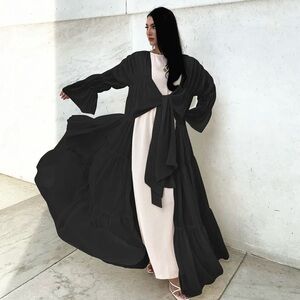 New black ruffle puff tie abaya kimono